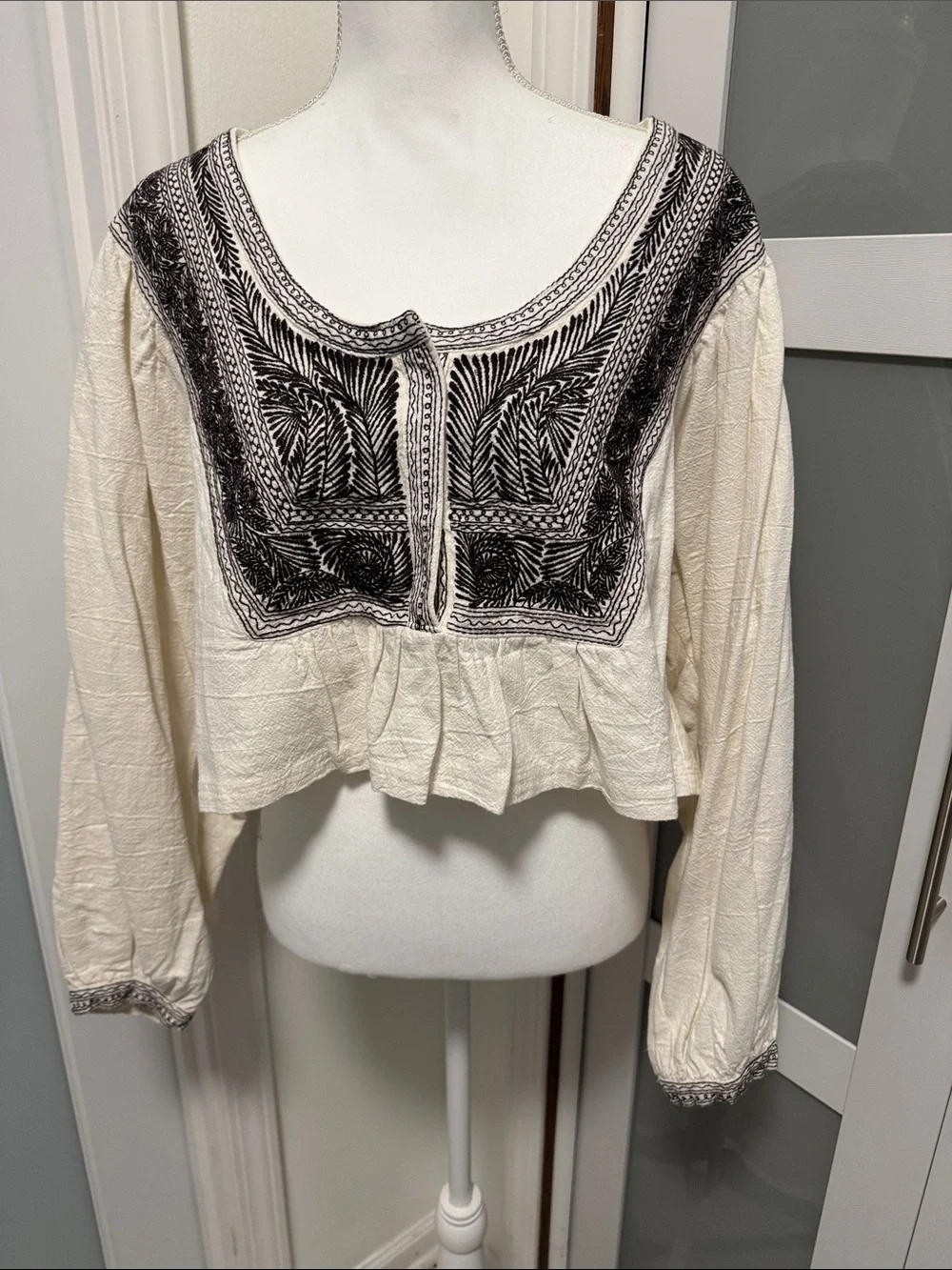 Free People Cream Peasant Blouse with Black Embroidery